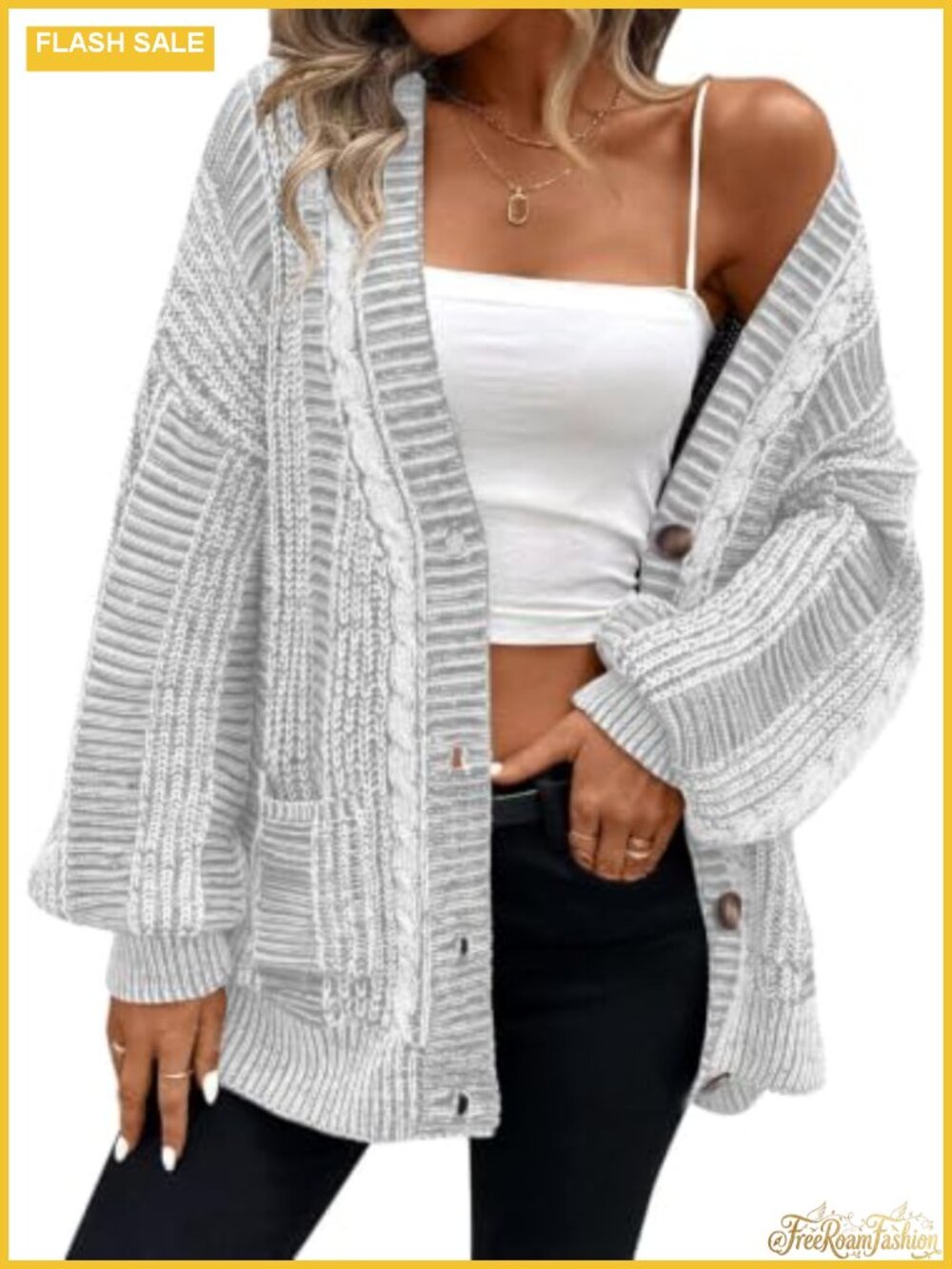 Oversized Cable Knit Cardigan Sweater Button Front Long Sleeve